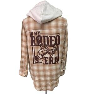 New Hand Printed Womens Medium In My Rodeo Era Long Sleeve Plaid Flannel Hoodie